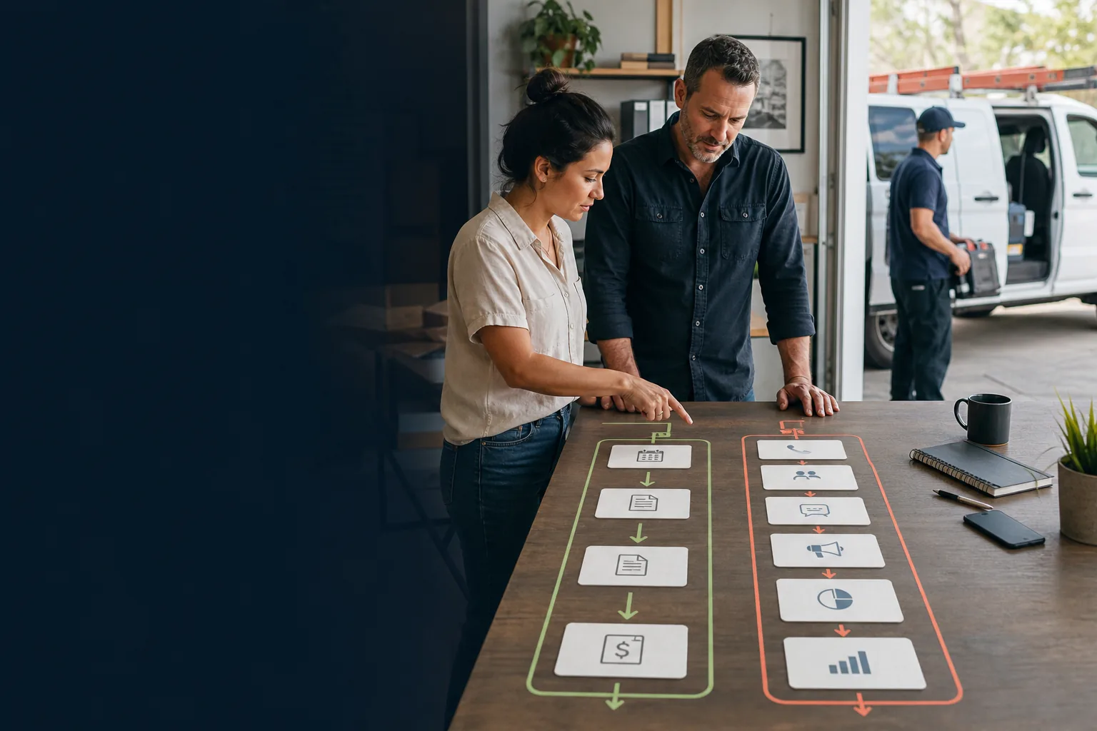 Small service team comparing a lean workflow with a broader office workflow