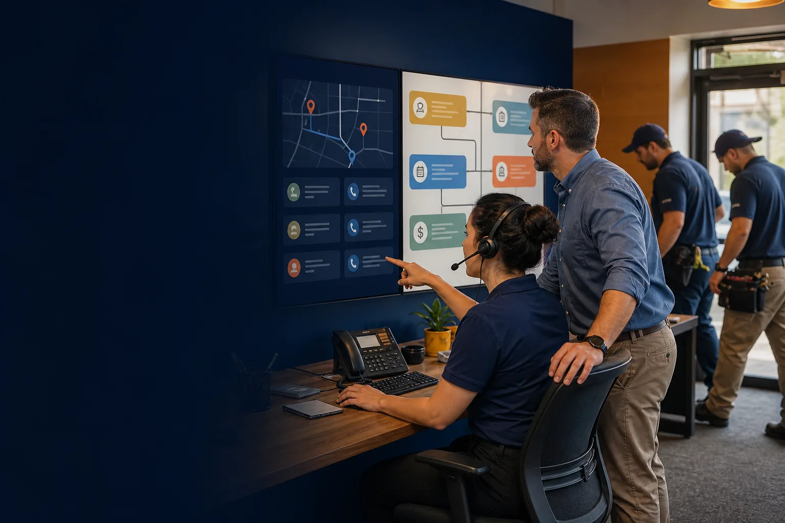 Call-driven service office comparing dispatch depth with an all-in-one workflow