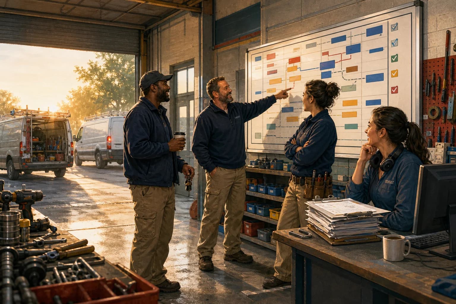Home-service crew laughing together while reviewing the morning schedule