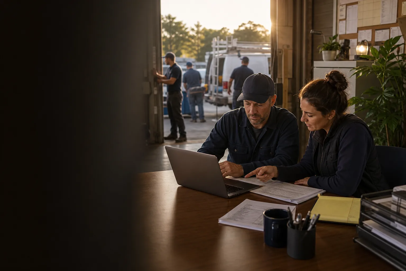 Home-service owner and administrator checking crew hours before payroll