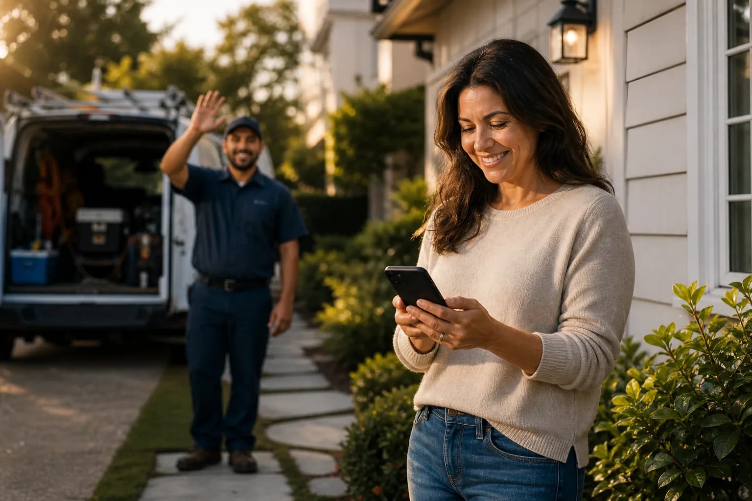 Satisfied homeowner using her phone after a contractor completes the job