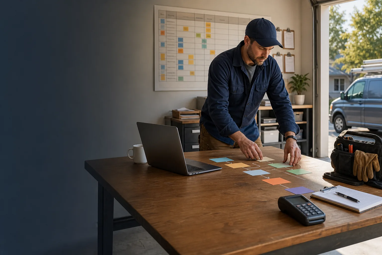 Home-service owner sequencing a practical software stack around the workday