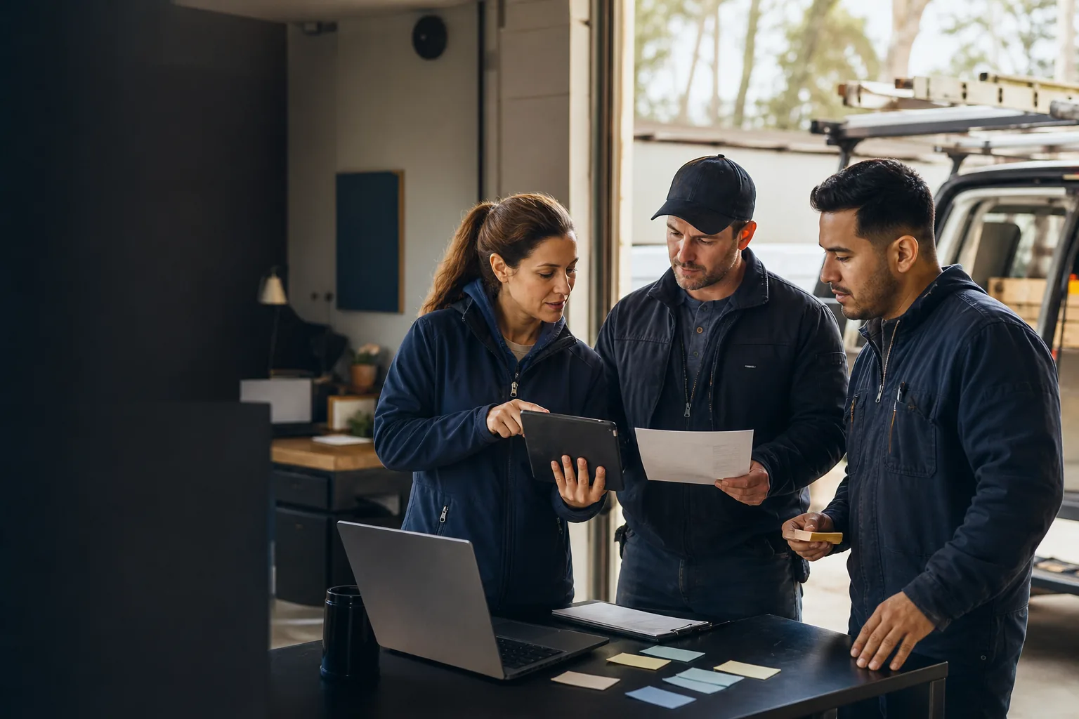 Home-service team rehearsing a field-service software rollout with one test job