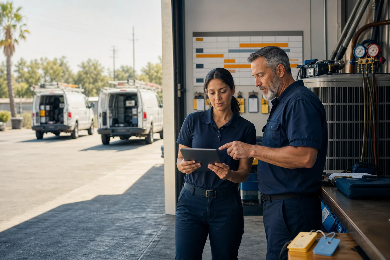 HVAC dispatcher and technician balancing urgent work with maintenance calls