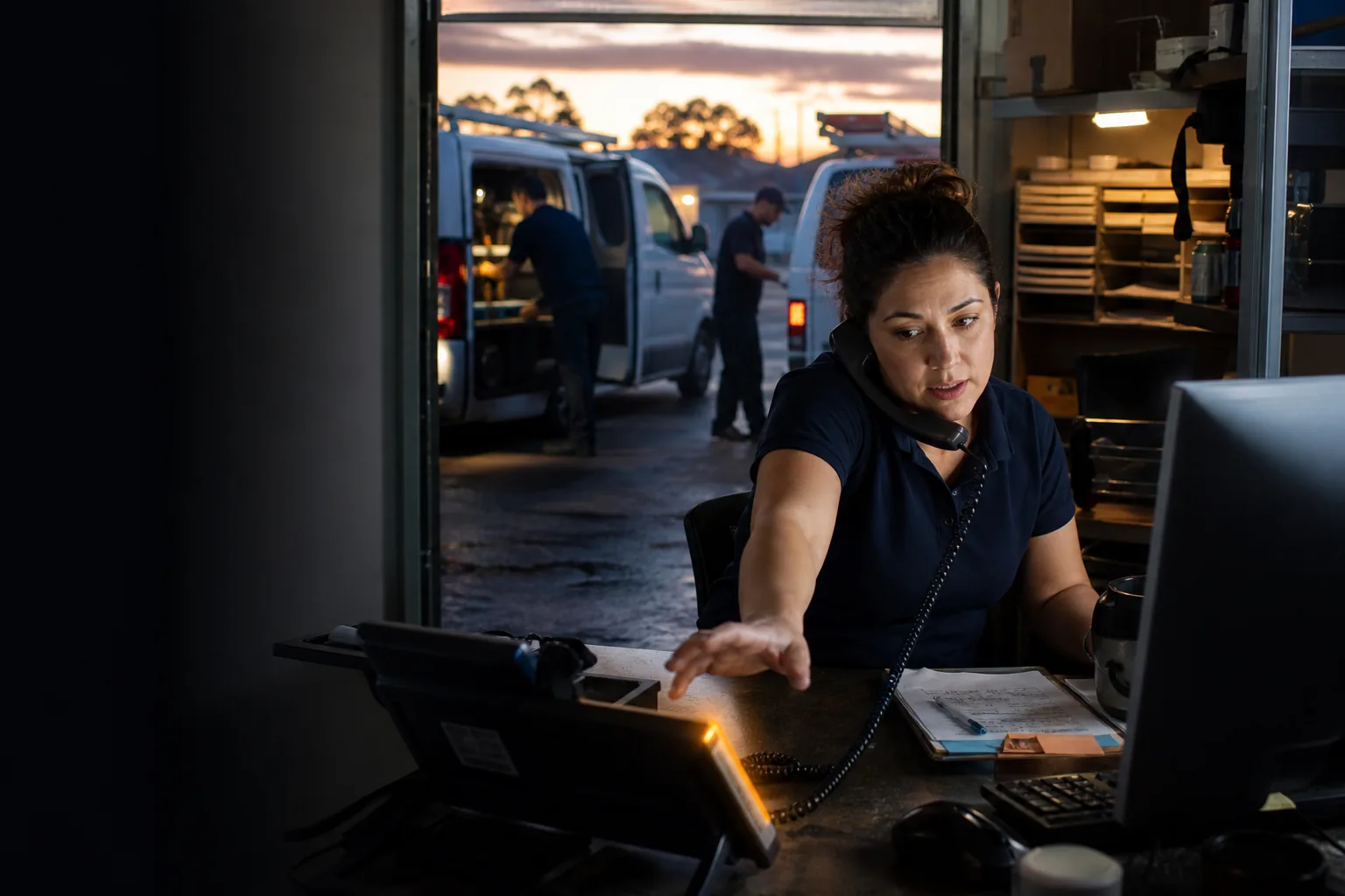 Service coordinator catching an evening customer call while crews load their vans