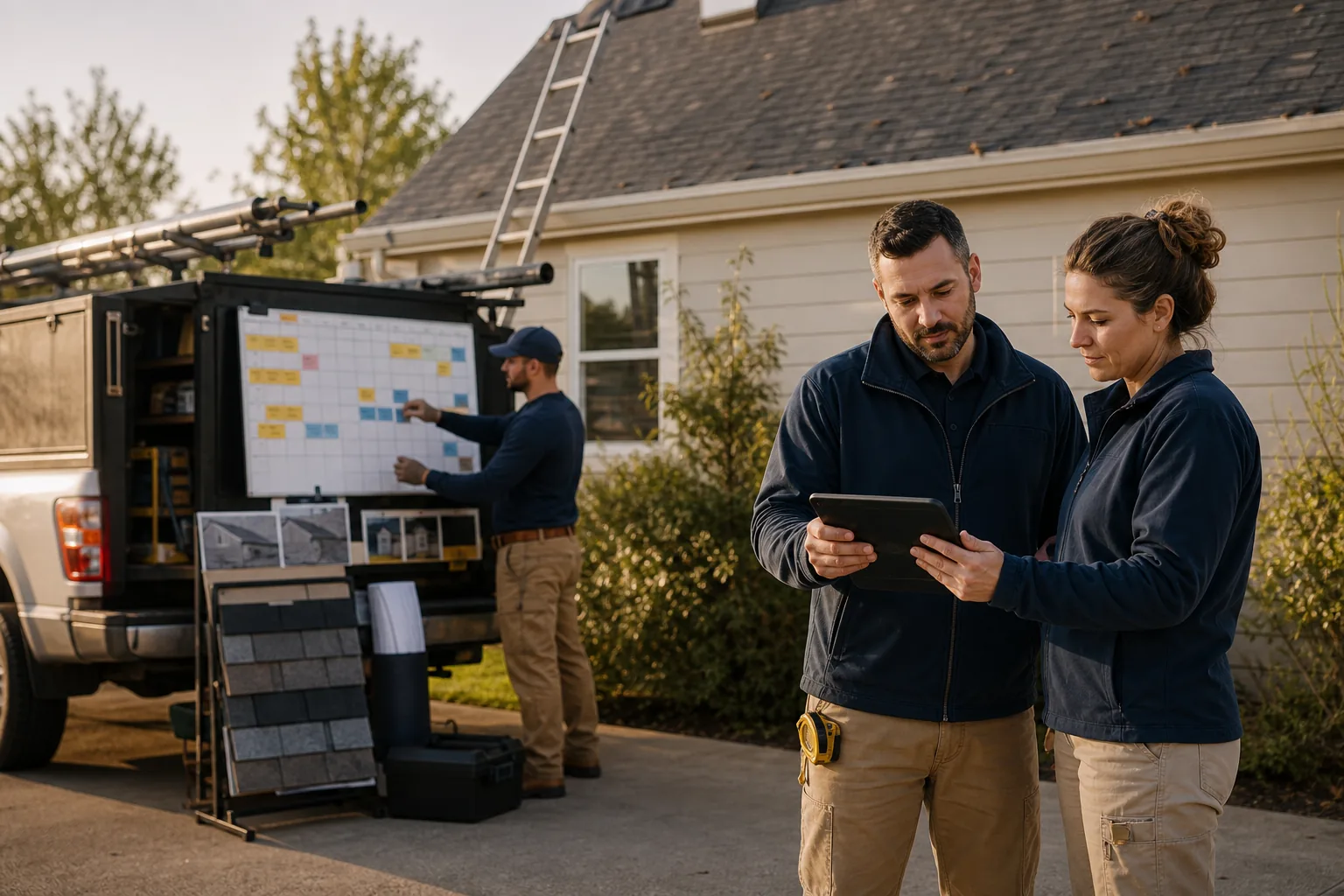 Roofing team reviewing inspection photos and the production schedule from the ground