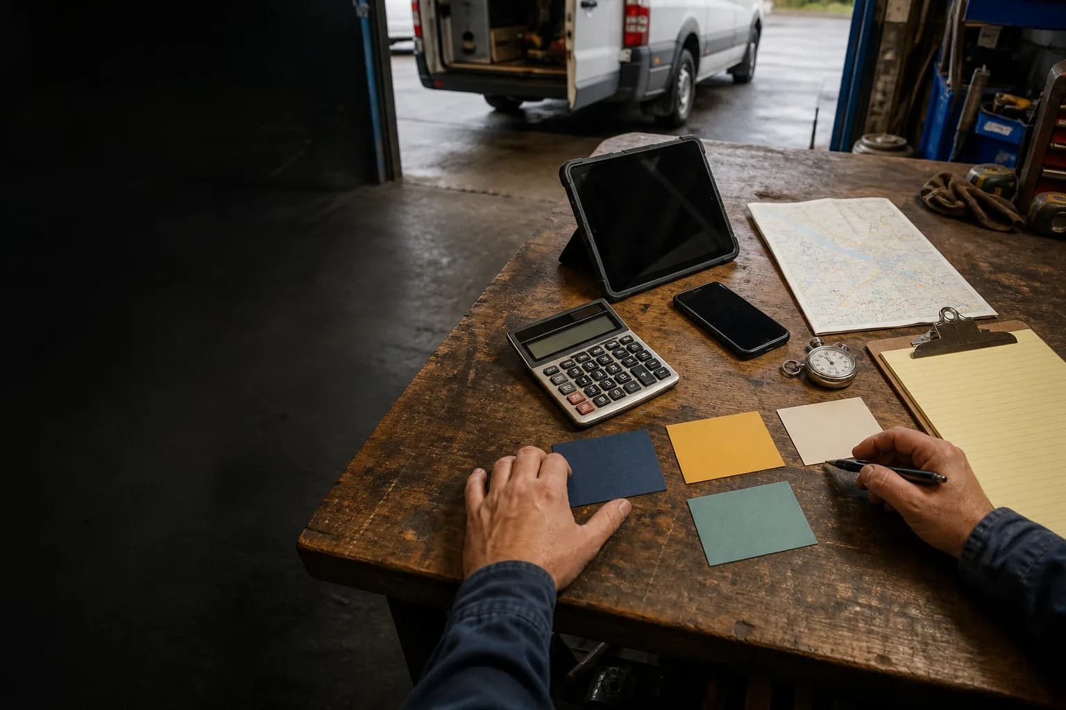 Contractor decision tools arranged on a real service-shop workbench