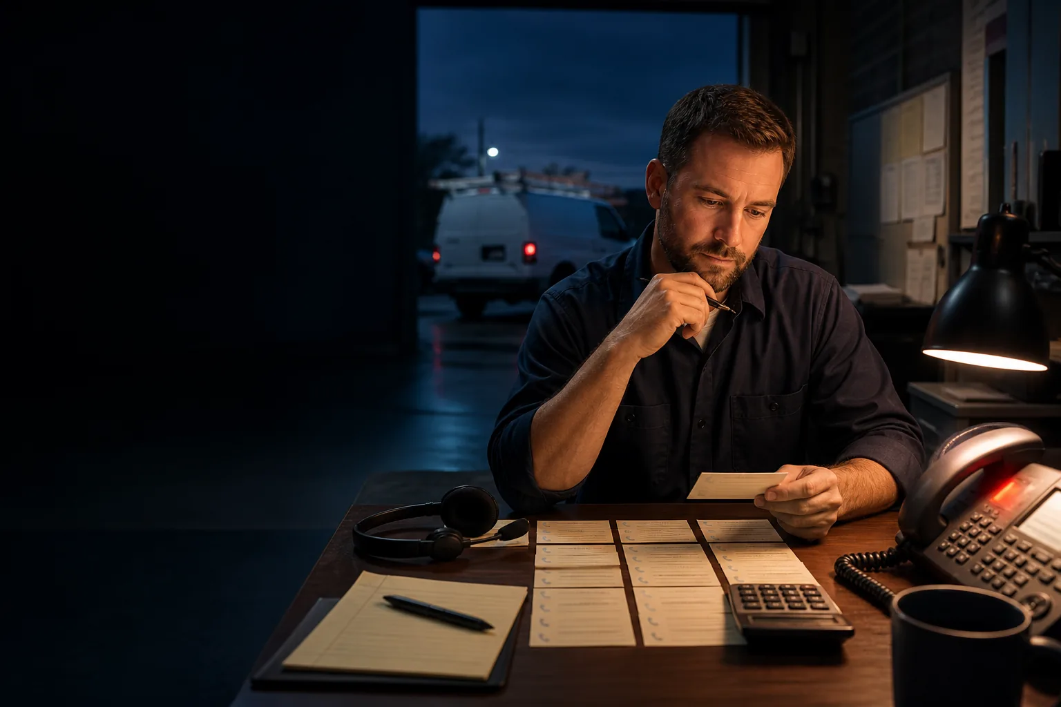 Service owner reviewing missed-call cards and a planning calculator after hours