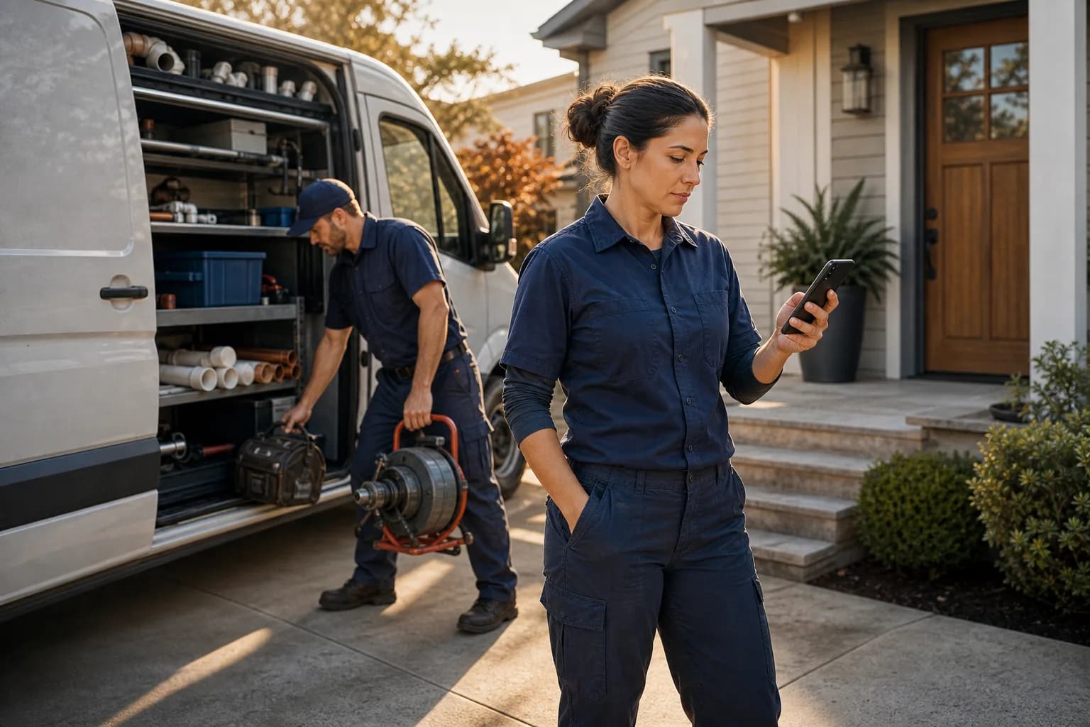 Plumbing crew checking an urgent route update beside a service van with organized drain and pipe tools