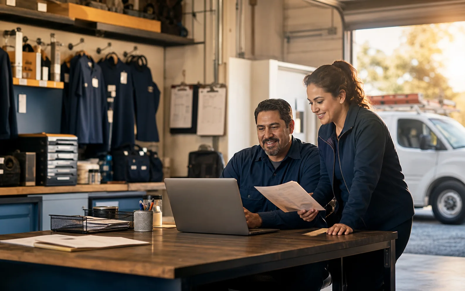 Home-service business owner and office manager reviewing payroll and crew onboarding in a practical shop office