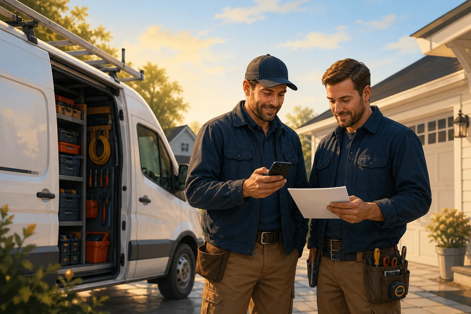 Small home-service crew reviewing the day's jobs beside an organized service van