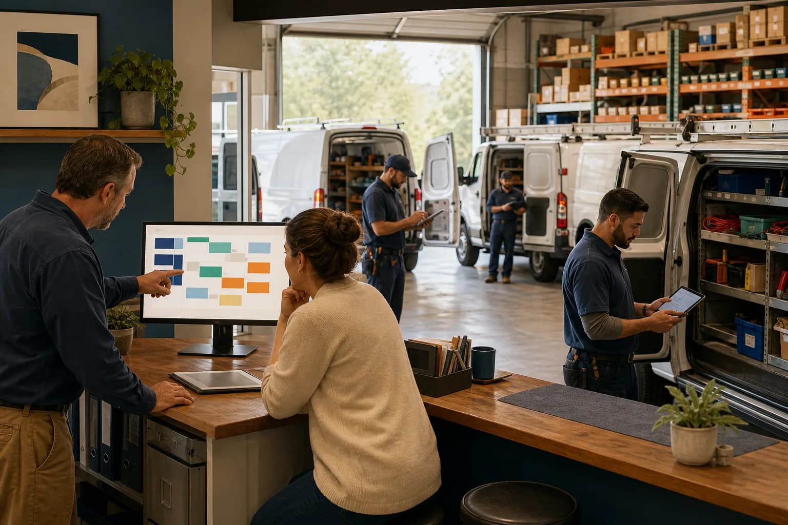 Home-service crew checking scheduling, job details, and invoices in one field workflow