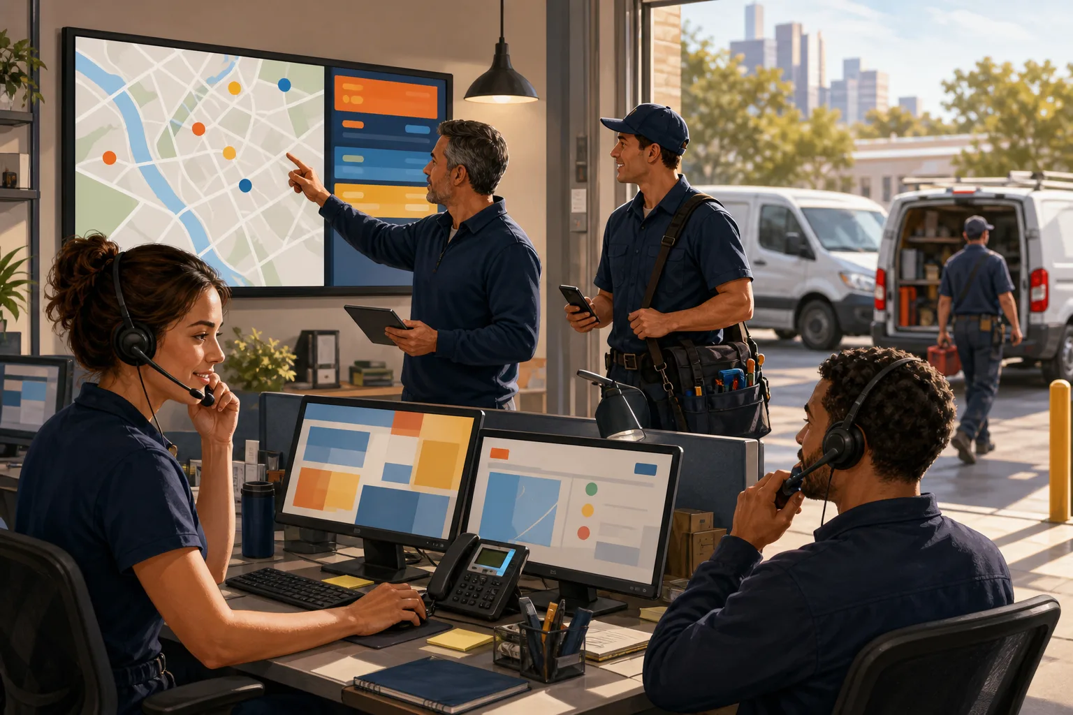 Field-service office and technician keeping a customer call connected to the dispatch board