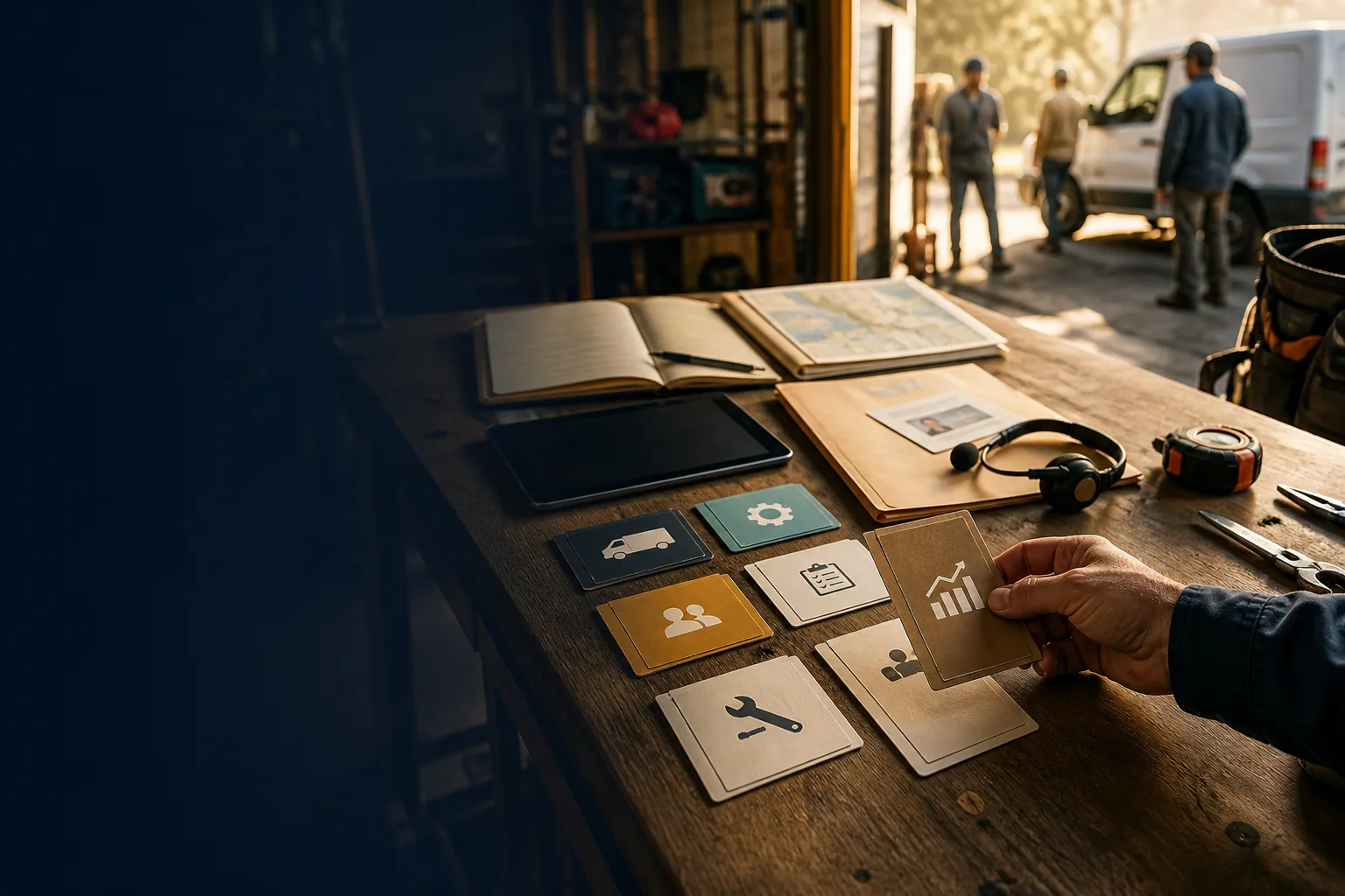 Contractor choosing a practical field guide from a service-shop workbench
