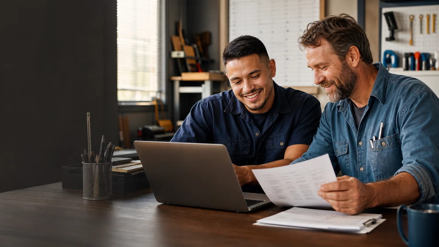 Two home-service business owners comparing software costs in their shop office