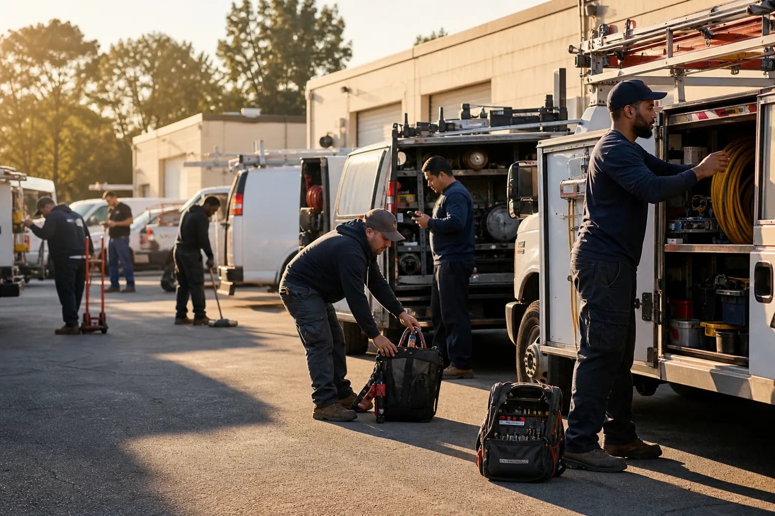 Skilled home-service crews from several trades preparing for the workday