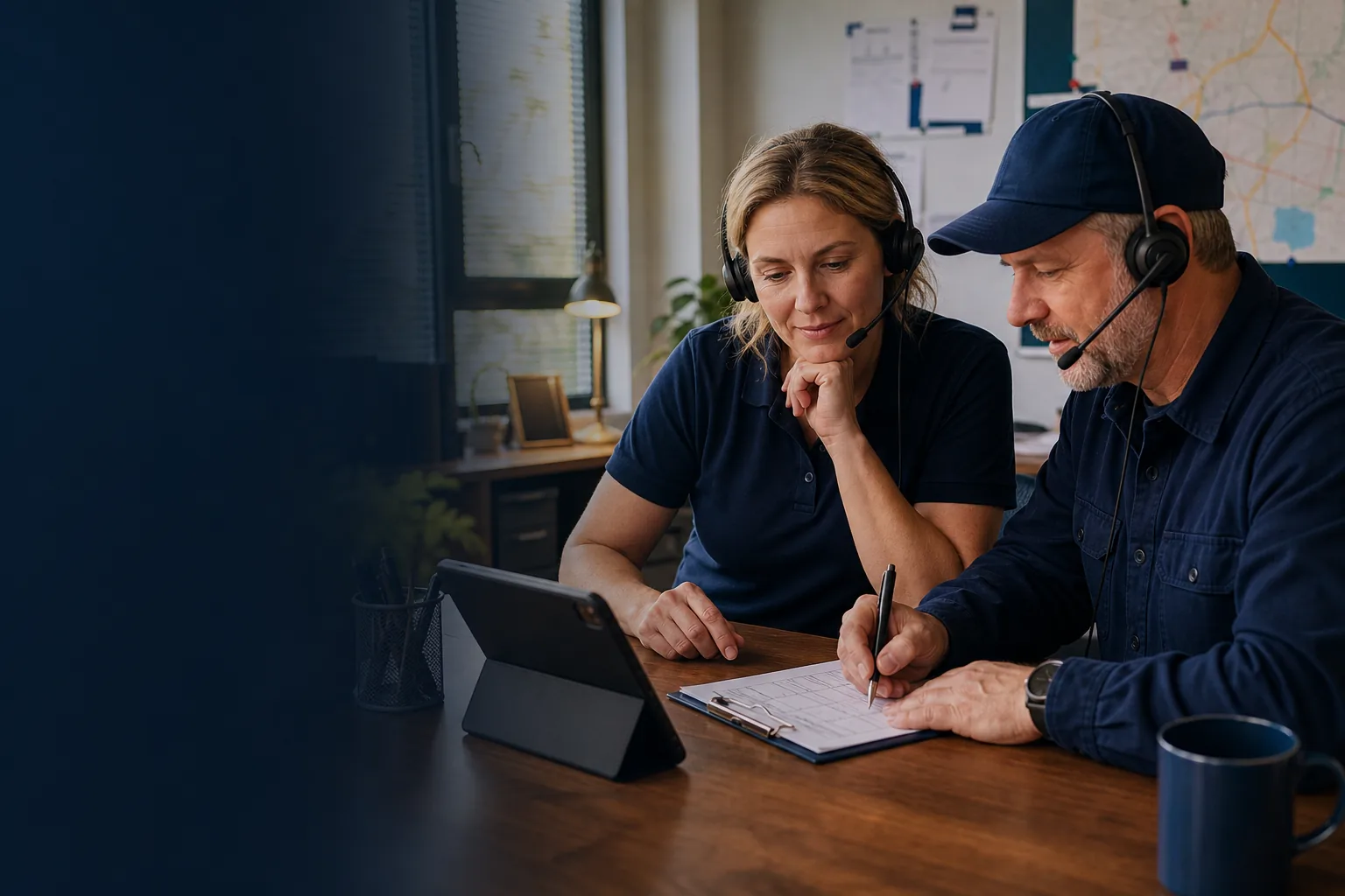 Home-service owner and office manager auditing a sample of customer calls