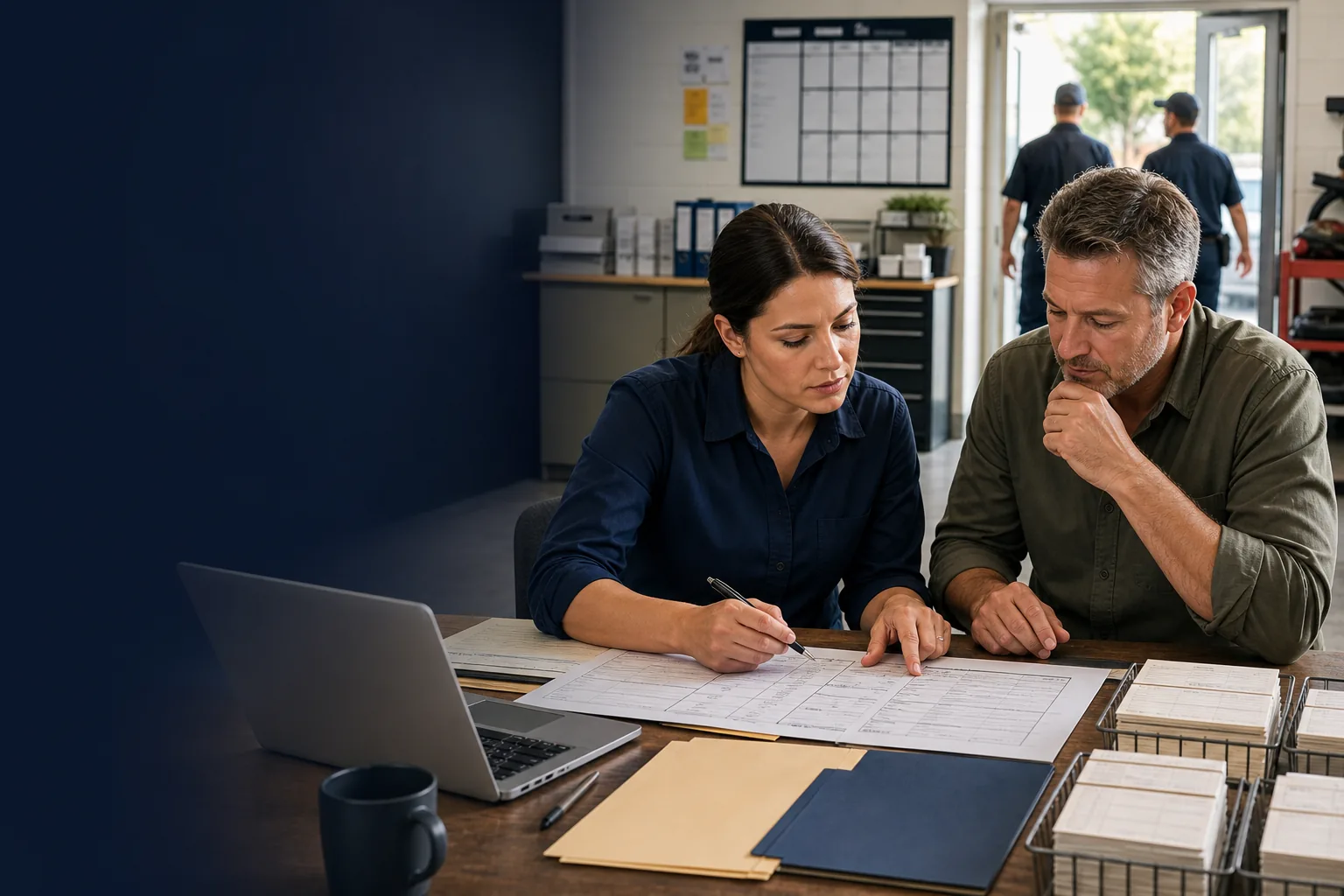 Service-company office reconciling old and new payroll runs before switching