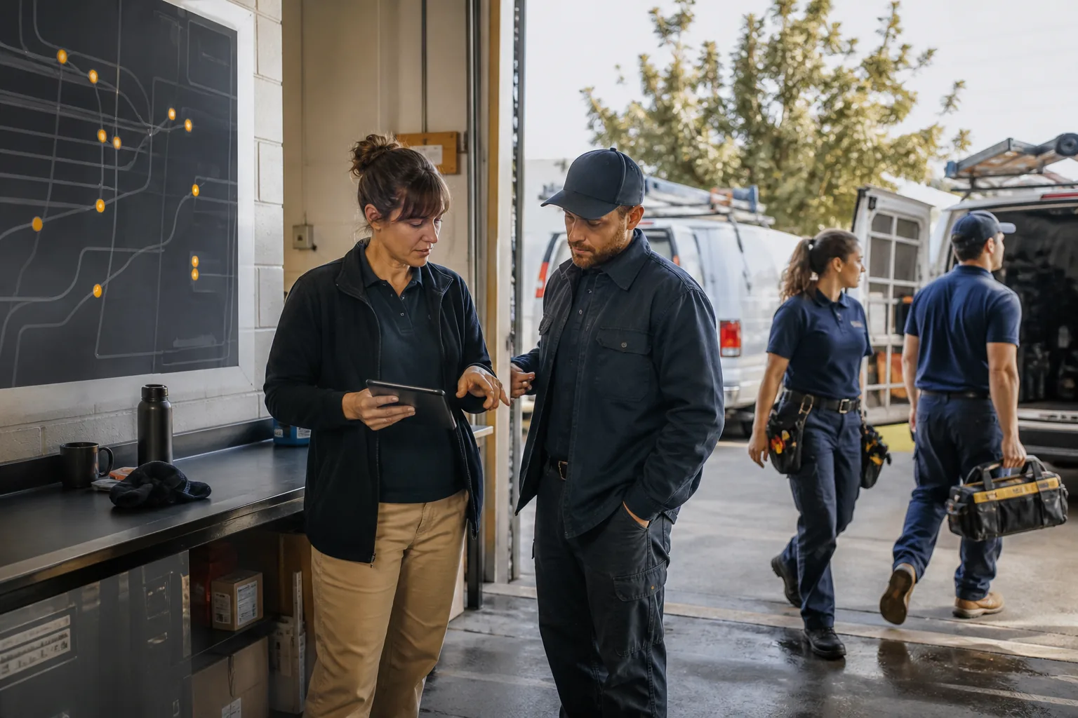 Small home-service team making a live route adjustment before the next jobs