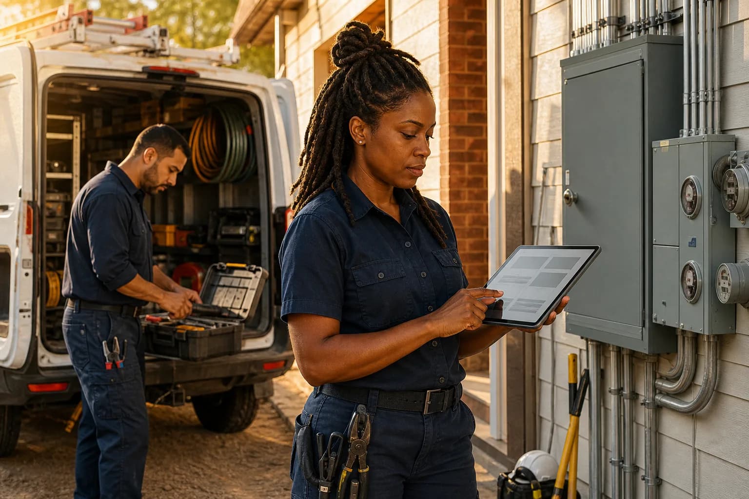 Electrical service crew reviewing job documentation beside a safe closed panel and organized work van