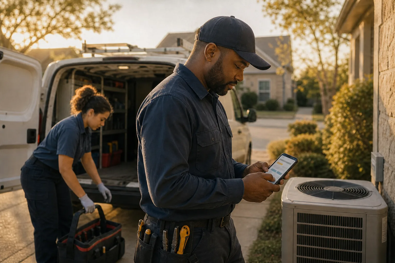 HVAC technicians coordinating the next service call beside a residential condenser and organized service van